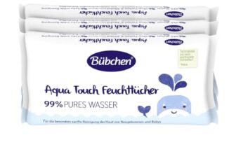 Bübchen Aqua Touch Feuchttücher, 144 Stück (3 x 48) – sensitive Pflegetücher mit 99% purem Wasser, feuchte Tücher für Neugeborene und Babys