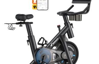 MERACH Heimtrainer Fahrrad mit 15,6″ FHD-Bildschirm(180°/90° drehbar), leises Magnetbremssystem Indoor Cycling Bike für Zuhause, App-kompatibel mit Merach App Coaching, Zwift & Kinomap, bis 136KG