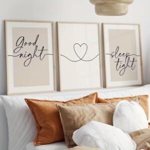TROYSINC 3er Set Wandbilder Schlafzimmer Beige Good Night, Sleep Tight Boho Poster – Modernes Canvas Leinwandbild mit Herz Line Art – Romantische Wanddeko über dem Bett – Ohne Rahmen (A,30x40cm)