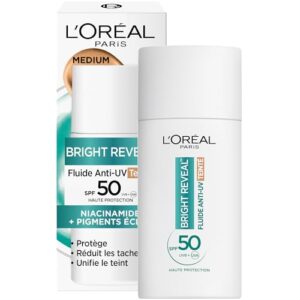 L’Oréal Paris – Fluid mit UV-Schutz LSF50 – Bright Reveal – einheitlicher Teint und strahlende Haut – leichte Abdeckung – Formel gegen Flecken und gegen Unreinheiten – Farbton: Medium – 50 ml