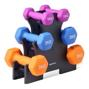 Amazon Basics Neopren Hanteln Gewichte, Hantelset mit Ständer, 3 Paar (1kg, 2kg, 3kg), Sechseckig, für Krafttraining und Fitnesskurse