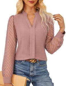 GRACE KARIN Damen Elegante Chiffon Bluse Langarm Büroblusen Basic Casual Langarmshirt für Büro Arbeit Dunkelrosa M
