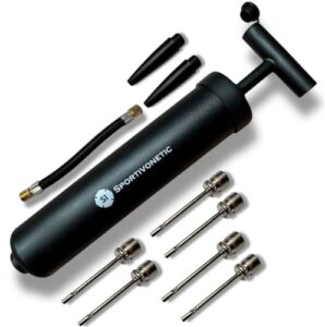 SPORTIVONETIC® Ballpumpe mit 6 Metallnadeln – 2 Kunsstoffnadeln – 1 Schlauch – geeignet für jeden Sportball Fußball, Volleyball, Basketball, Luftpumpe klein mit Nadel Nadeln schwarz