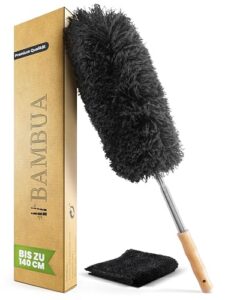 BAMBUA Staubwedel Teleskop – Effektiver Staubfänger mit erstklassiger Mikrofaser – Nachhaltiger Bambusgriff – Premium Staubwischer inkl. Mikrofasertuch – Teleskop Staubwedel lang ausziehbar (140cm)