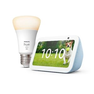Echo Show 5 (3. Gen.) | Graublau + Philips Hue White Smart Bulb (E27), Funktionert mit Alexa – Smart Home-Einsteigerpaket