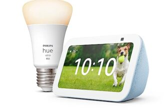 Echo Show 5 (3. Gen.) | Graublau + Philips Hue White Smart Bulb (E27), Funktionert mit Alexa – Smart Home-Einsteigerpaket