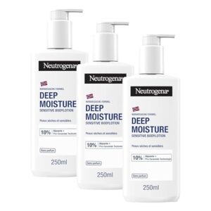 Neutrogena Norwegische Formel Deep Moisture Sensitive Bodylotion (250 ml) für trockene, empfindliche Haut mit 10 Prozent Glycerin und Pro-Ceramide Technologie (Packung mit 3)