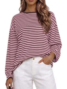 Cuptacc Langarmshirt Damen Herbst Mode Oversized Rosa Kaffee Gestreift XXXL