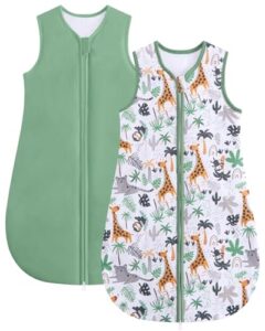 JiAmy 1.5 TOG Baby Schlafsack aus Baumwolle 2er Pack, Unisex Babyschlafsack ohne Ärmel für Neugeborene & Babys Grüne Giraffe 6-12 Monate