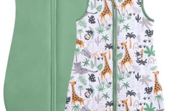 JiAmy 1.5 TOG Baby Schlafsack aus Baumwolle 2er Pack, Unisex Babyschlafsack ohne Ärmel für Neugeborene & Babys Grüne Giraffe 6-12 Monate