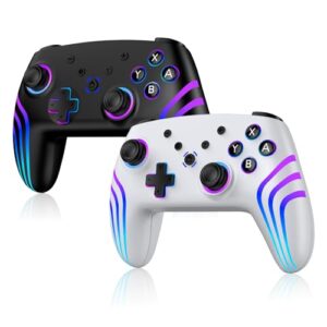 2pcs Controller für Switch/Switch 2/Lite/OLED/PC, Controller für Switch mit 7 Farbwechselnde RGB Beleuchtung/Dual Vibration/6 Achsen Gyroskop/Turbo, Ergonomisch Präzise Joystick(Weiß + Schwarz）