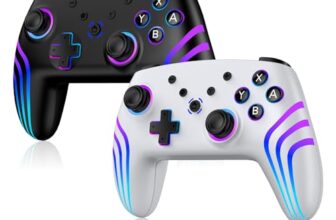 2pcs Controller für Switch/Switch 2/Lite/OLED/PC, Controller für Switch mit 7 Farbwechselnde RGB Beleuchtung/Dual Vibration/6 Achsen Gyroskop/Turbo, Ergonomisch Präzise Joystick(Weiß + Schwarz）