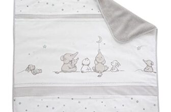 roba Babydecke Sternenzauber – 80 x 80 cm – Baby Kuscheldecke mit Sternen & Elefanten Motiv – Kinderdecke aus weicher Baumwolle – Weiß / Hellgrau