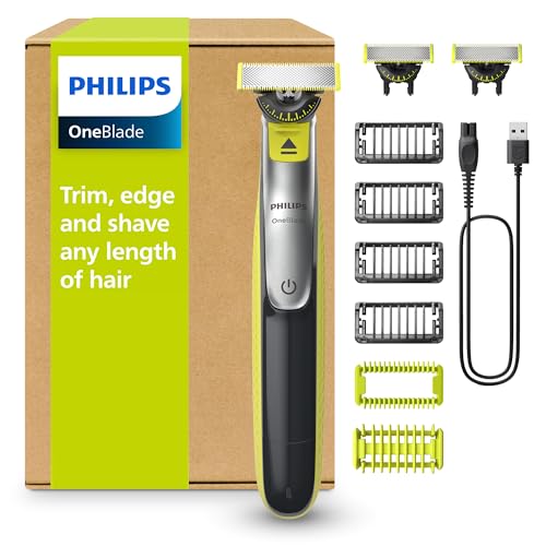 PHILIPS OneBlade 360 Face & Body – elektrischer Rasierer, Trimmer & Bodygroomer, 3x 360 Klingen, 4x Trimmaufsätze (1/2/3/5 mm), 2x Körperaufsätze, Nass- & Trockenrasur für Gesicht & Körper (QP2834/31)