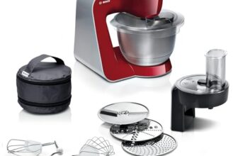 Bosch Küchenmaschine Serie 4, Edelstahl-Schüssel spülmaschinenfest, Planetenrührwerk, Durchlaufschnitzler, 3 Scheiben, 3 Rührwerkzeuge spülmaschinenfest, 1000 W, Made in Europe, rot, MUM58710