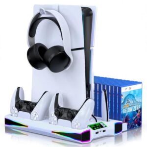 PS5/Slim/Pro Ständer und Kühlstation mit Dual-Controller-Ladestation für PlayStation 5 Konsole, PS5-Zubehör inkl. Controller-Ladegerät, Lüfter, Headset-Halterung, Weiß