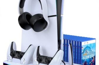 PS5/Slim/Pro Ständer und Kühlstation mit Dual-Controller-Ladestation für PlayStation 5 Konsole, PS5-Zubehör inkl. Controller-Ladegerät, Lüfter, Headset-Halterung, Weiß