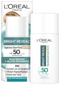 L’Oréal Tägliches Getöntes UV Glow-Fluid LSF 50, Niacinamid + Glow-Pigmente, Farbe: Mittel, Bright Reveal, 1 x 50 ml