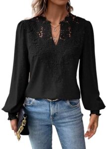 TUUHAW Tunika Damen Boho Bluse Langarmshirt Top Fließend Schwarz XL
