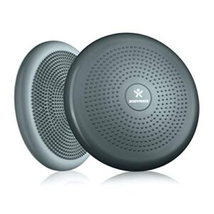 BODYMATE Ballsitzkissen inkl. Pumpe GRAU-BLAU 34cm Durchmesser – Balance-Kissen, Luftkissen, Balance Pad, Noppenkissen – Core-, Fitness-, Reha-, Koordinations- und Rückentraining
