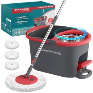 SONGMICS Wischmopp-Set mit Eimer, Bodenwischer mit Schleuder, Putzeimer mit Pedal und Auswringfunktion, Teleskopstiel 122,5-150 cm, 360°-Drehkopf, 3 Mikrofaserbezüge, grau-rot LMB002GT03