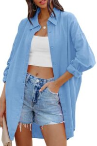 Cicy Bell Damen Bluse Oversized Langarm Button Down Himmelblau XXL