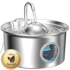 Katzenbrunnen Edelstahl Trinkbrunnen für Katze: Katzen Trinkbrunnen – 2.6L Wasserbrunnen für Katzen – Katzentrinkbrunnen für Hunde Automatisch mit Wasserstand Sichtfenster – Vierfaches Filtersystem