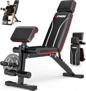 Hantelbank verstellbar, klappbare Hantelbank, 363 kg Trainingsbank mit Beinverlängerung, Prediger-Pad und verlängerter Kopfstütze, multifunktionale Fitnessgeräte für zu Hause