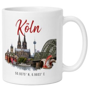 LunaLana® Tasse »Köln Skyline & Koordinaten« Kaffeetasse mit deutschem Motiv | Geschenk für Köln-Fans