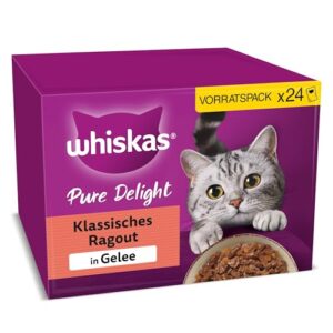 WHISKAS PURE DELIGHT Nassfutter in Gelee 24 x 85g Klassisches Ragout (4 Packungen) 48 Portionsbeutel