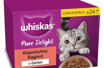 WHISKAS PURE DELIGHT Nassfutter in Gelee 24 x 85g Klassisches Ragout (4 Packungen) 48 Portionsbeutel