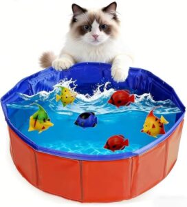 Katzen Pool Spielzeug mit Fischspielzeugen, faltbares Katzenspielzeug Wasser, interaktives Wasserspiel für Drinnen zur Langeweilebekämpfung, für Wohnung & Reise (Katzenpool + Fische)