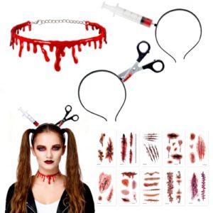 VOPIWOZ 3 Stück Gruselige Halloween Stirnbänder 1 Stück Bluttropfenhalsband plus 10 Narbenaufkleber Halloween Dekorationen Halloween Schminkzubehör Maskierung