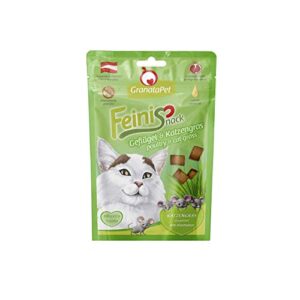 GranataPet FeiniSnack Geflügel & Katzengras, Leckerchen für Katzen, bekömmlicher Katzensnack, Katzenleckerli ohne Getreide & Zuckerzusätze, Belohnung für verspielte Samtpfoten, 50 g