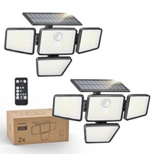 Philips Solarlampen für Außen mit Bewegungsmelder, 196 LED mit PIR-Bewegungsensor, 3 Modi, 4 Verstellbare Lampenköpfe, Solarbetriebene Außenleuchte mit Fernbedienung, IP65 Wasserdicht (2 Stück)