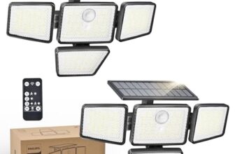 Philips Solarlampen für Außen mit Bewegungsmelder, 196 LED mit PIR-Bewegungsensor, 3 Modi, 4 Verstellbare Lampenköpfe, Solarbetriebene Außenleuchte mit Fernbedienung, IP65 Wasserdicht (2 Stück)