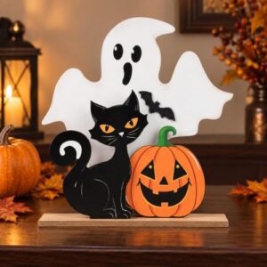 Corinorwe Halloween Deko Geist Holz Tischdeko mit Schwarzer Katze und Kürbis, Halloween Tischdeko Freistehend für Wohnzimmer Fenster Regal, Halloween Deko Tisch Herbstdeko Tischdeko Halloween
