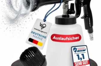 Wirbelqraft® Druckluft Reinigungspistole – robuste Ausblaspistole mit Wirbel-Effekt für wirkungsvolle Auto/KFZ-Innenreinigung – Komplett-Set mit 1L Füllbehälter, Bürstenaufsatz & Luftdruckpistole