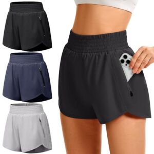 GetGigt 3er Pack Damen Sporthose Kurz Sport Shorts mit Reißverschlusstasche