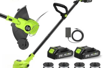 VOERJIA Akku Rasentrimmer 21V, 2-in-1 Rasentrimmer & Kantenschneider, LCD Akkuanzeige, 2×2000mAh Akku, Automatische Fadennachführung, 8 Fadenspulen, für Rasen, Rasenkanten & Gartenwege