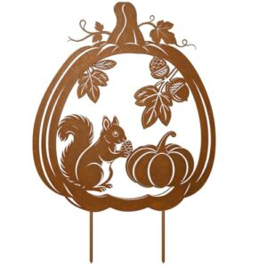 Rost Kürbis Deko Gartenstecker für Herbstdeko Draußen Innen Herbst Gartendeko mit Eichhörnchen Metall Dekokürbis Outdoor und Garten Fall Decor für Blumentopf Terrassen Erntedankfest Garten Geschenk