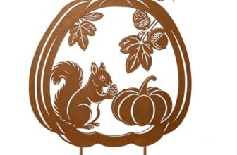 Rost Kürbis Deko Gartenstecker für Herbstdeko Draußen Innen Herbst Gartendeko mit Eichhörnchen Metall Dekokürbis Outdoor und Garten Fall Decor für Blumentopf Terrassen Erntedankfest Garten Geschenk