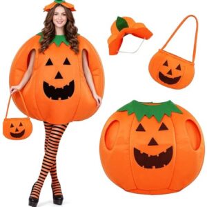 DERAYEE Kürbis Kostüm Damen, 3PC Kürbis Kostüm Erwachsene Mit Kürbishut Candy Bag Overknee Socken Kürbislaterne, Halloween Kostüm Damen Karneval Party