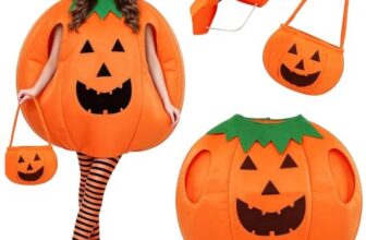 DERAYEE Kürbis Kostüm Damen, 3PC Kürbis Kostüm Erwachsene Mit Kürbishut Candy Bag Overknee Socken Kürbislaterne, Halloween Kostüm Damen Karneval Party
