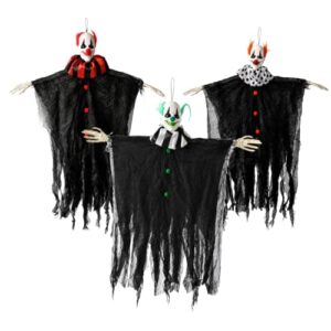 3-Teiliges Halloween Hängendes Clown Skelett Set – Rote, Orange, Grüne Horror Clowns,Halloween Deko Outdoor & Indoor, Gruselige Hängende Clown Deko für Party, Fenster Skelett Halloween Deko