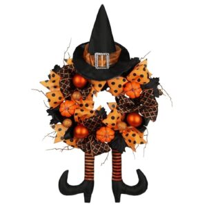 Briful Halloween Türkranz 40 cm – Künstlicher Gruselkranz Tinsel Hexenkranz mit Hut & Beinen Spinne, Kürbis – Schwarze Herbst Türdeko für Halloween Party, Haustür, Fenster & Wand