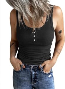 Fessceruna Damen Tops Sexy U-Ausschnitt Tank top Ärmellos Sommer Oberteile Gerippt Camisole mit Knöpfen(Schwarz, M)