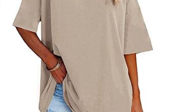 Ebifin Oversize T Shirt Damen Rundhals Kurzärmeliges Tops Casual Lockere Basic Sommer Tee Shirts Bluse.Khaki.XL