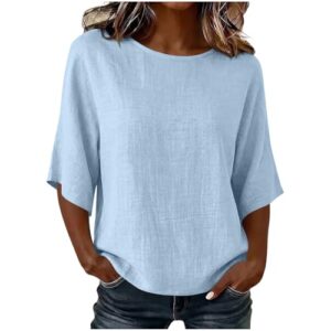 Bluse Damen Sommer 3/4 Arm Leinenoptik Oberteile Locker Rundhals Tunika Einfarbig Casual Hemd Leichtes Shirt Elegant Tops Schick Mode Für Alltag Urlaub