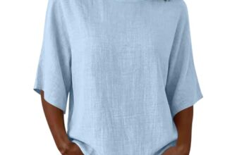 Bluse Damen Sommer 3/4 Arm Leinenoptik Oberteile Locker Rundhals Tunika Einfarbig Casual Hemd Leichtes Shirt Elegant Tops Schick Mode Für Alltag Urlaub